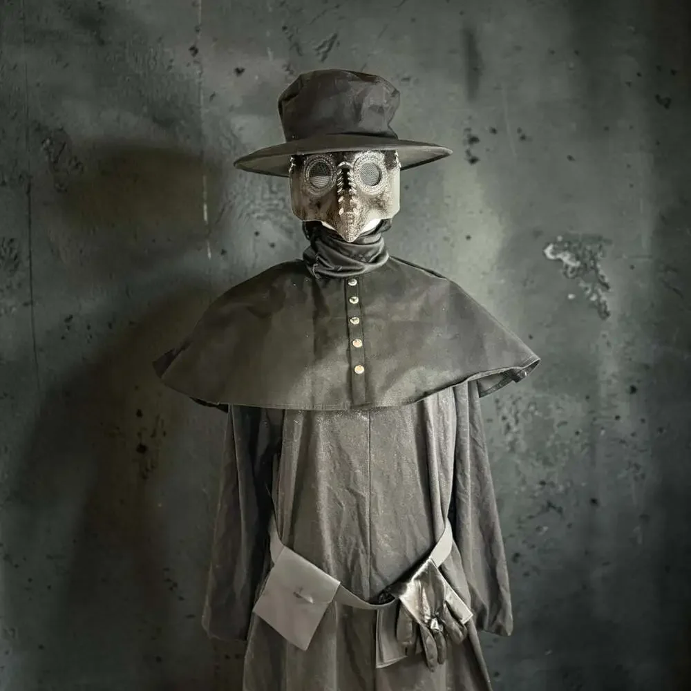 Black Plague Doctor Costume Long Nose Bird Mask Spirit Halloween Masquerade XL